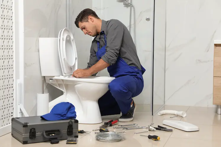 Idraulico Elettrosaniterm al lavoro sull'installazione di sanitari