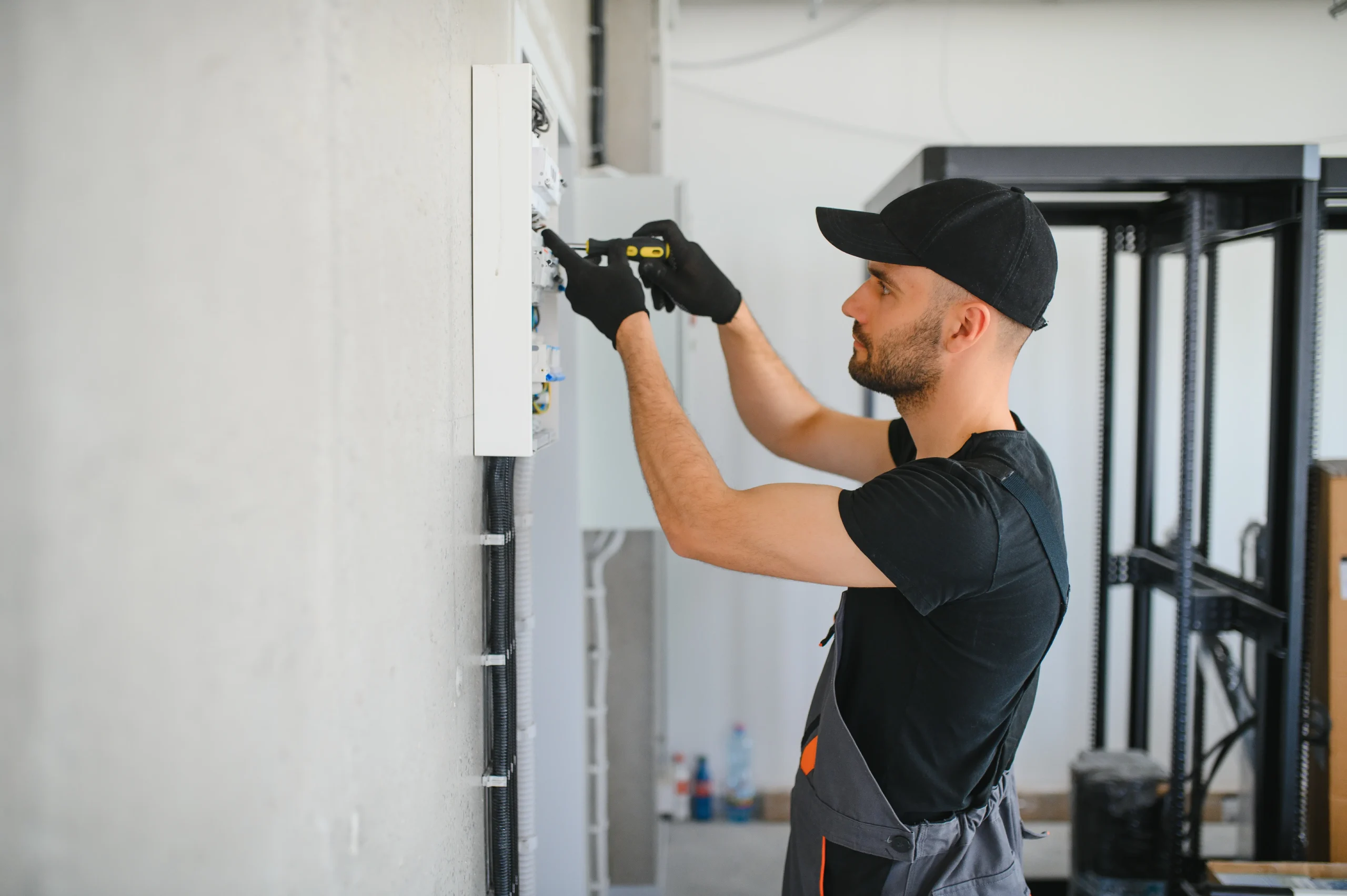 Elettricista Elettrosaniterm al lavoro sull'installazione di un salvavita